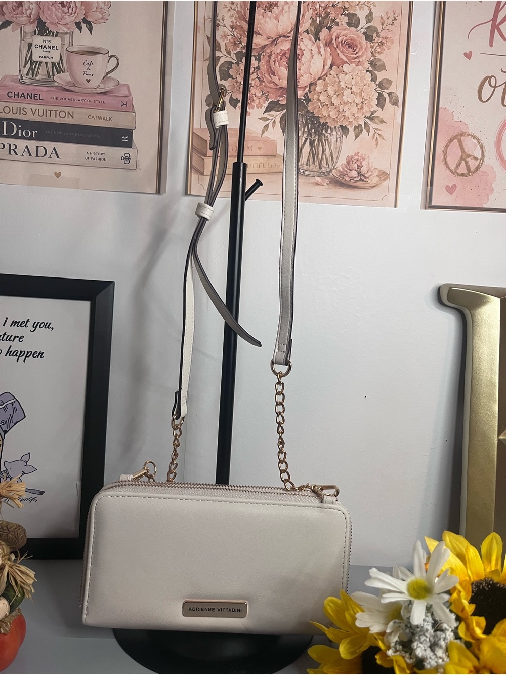 Adrienne Vittadini Ivory Wallet Crossbody Bag Gold Chain